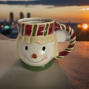 DaySpring Snowman‎ Ceramic Figural Christmas Mug 2001 Red Green Striped Handle